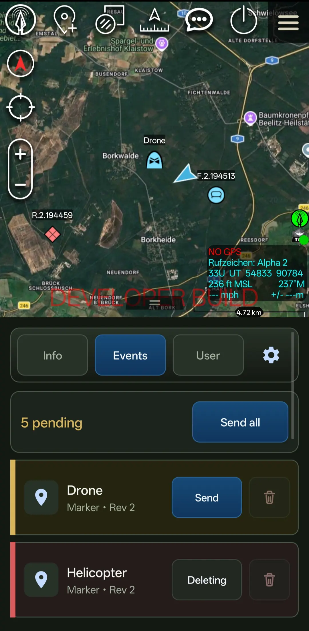 LANCE inside ATAK — shared markers (Drone, Helicopter) with ACK-confirmed delivery over the LoRa mesh