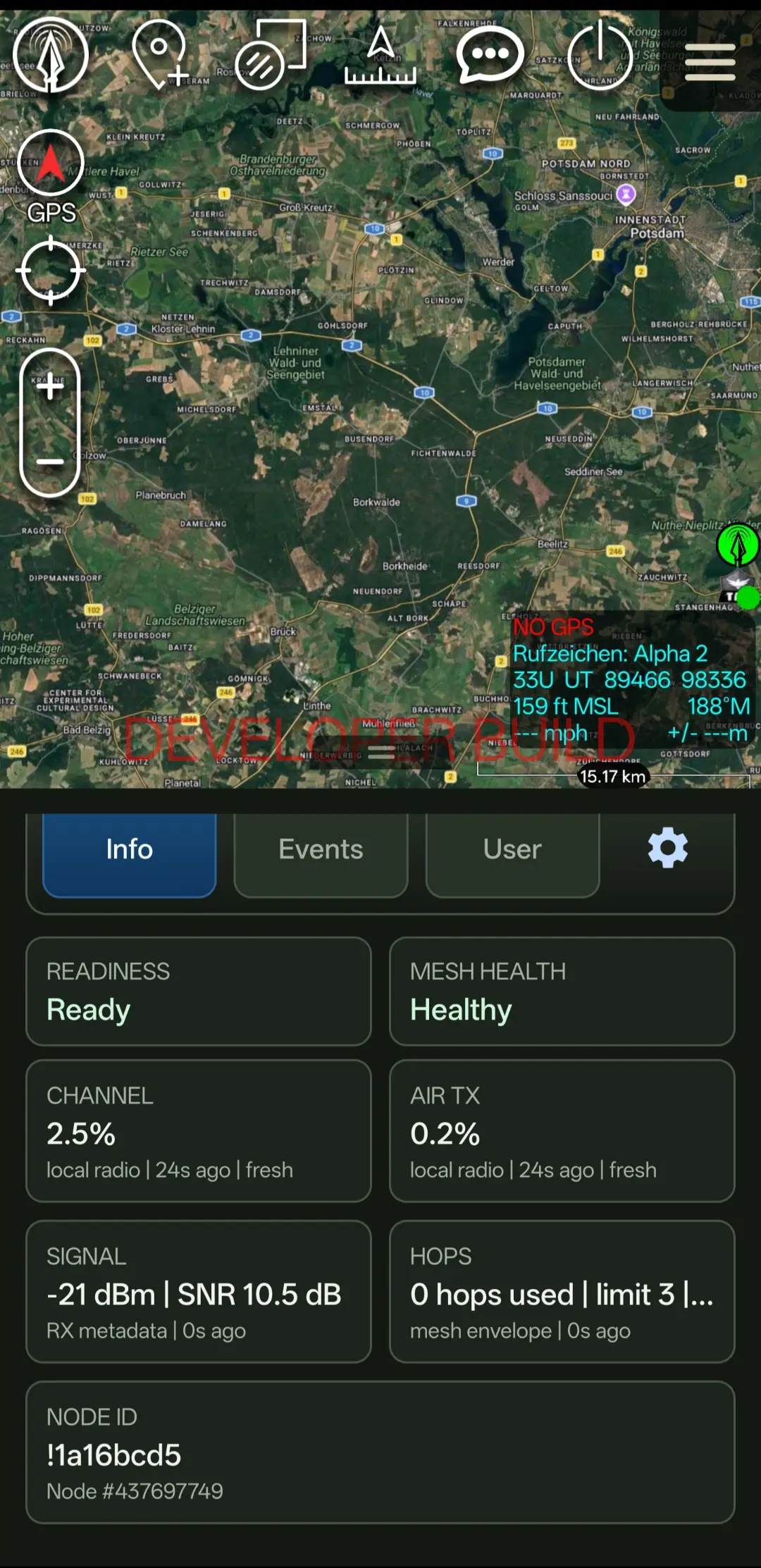 LANCE inside ATAK — node status: readiness, mesh health, signal and hop telemetry over the LoRa mesh