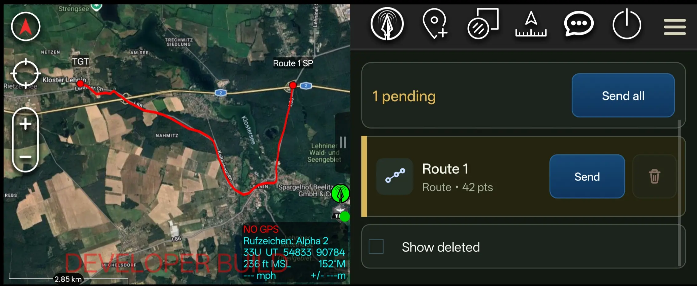 LANCE inside ATAK (landscape) — a shared route on the live map, sent over the LoRa mesh