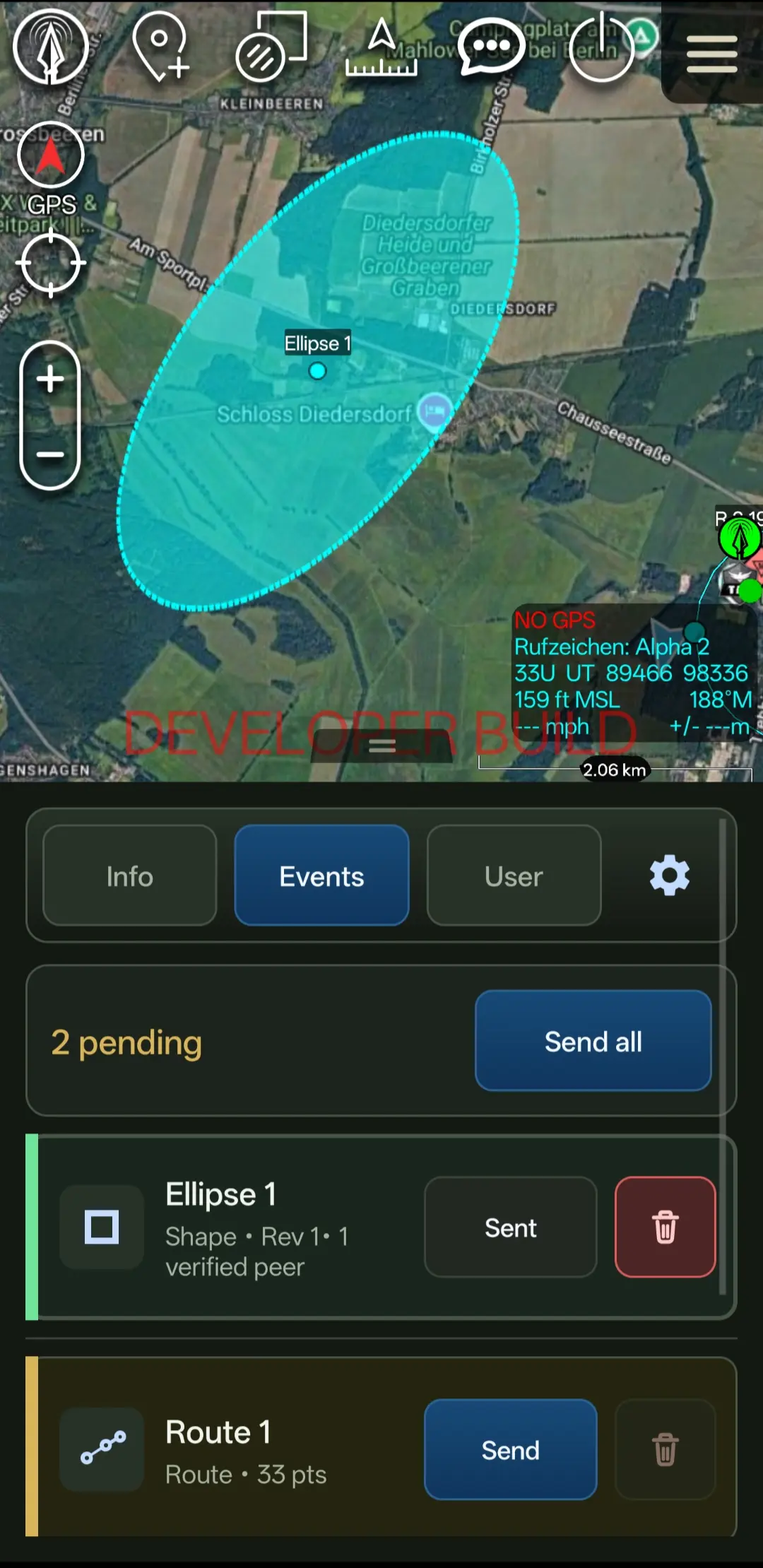 LANCE inside ATAK — a shared shape (Ellipse 1) on the live map, synced over the LoRa mesh