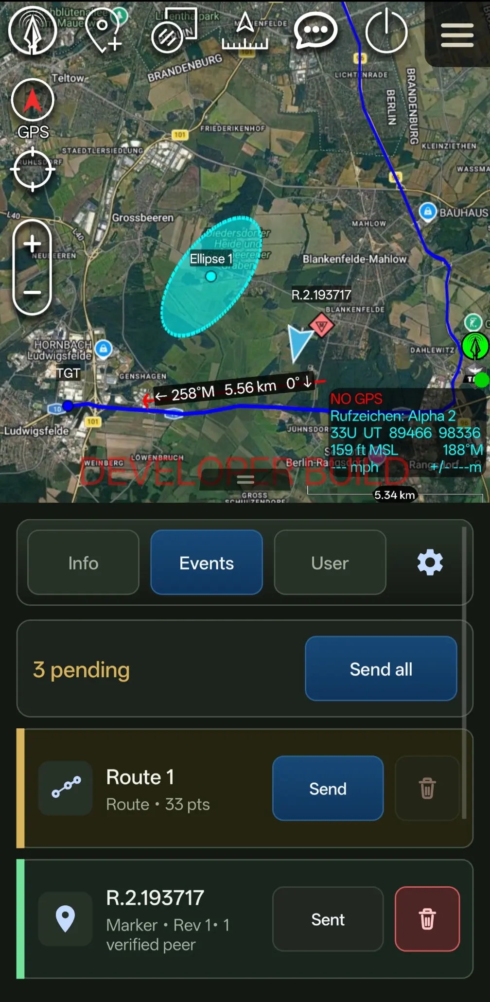 LANCE running inside ATAK — live tactical map synced over the LoRa mesh